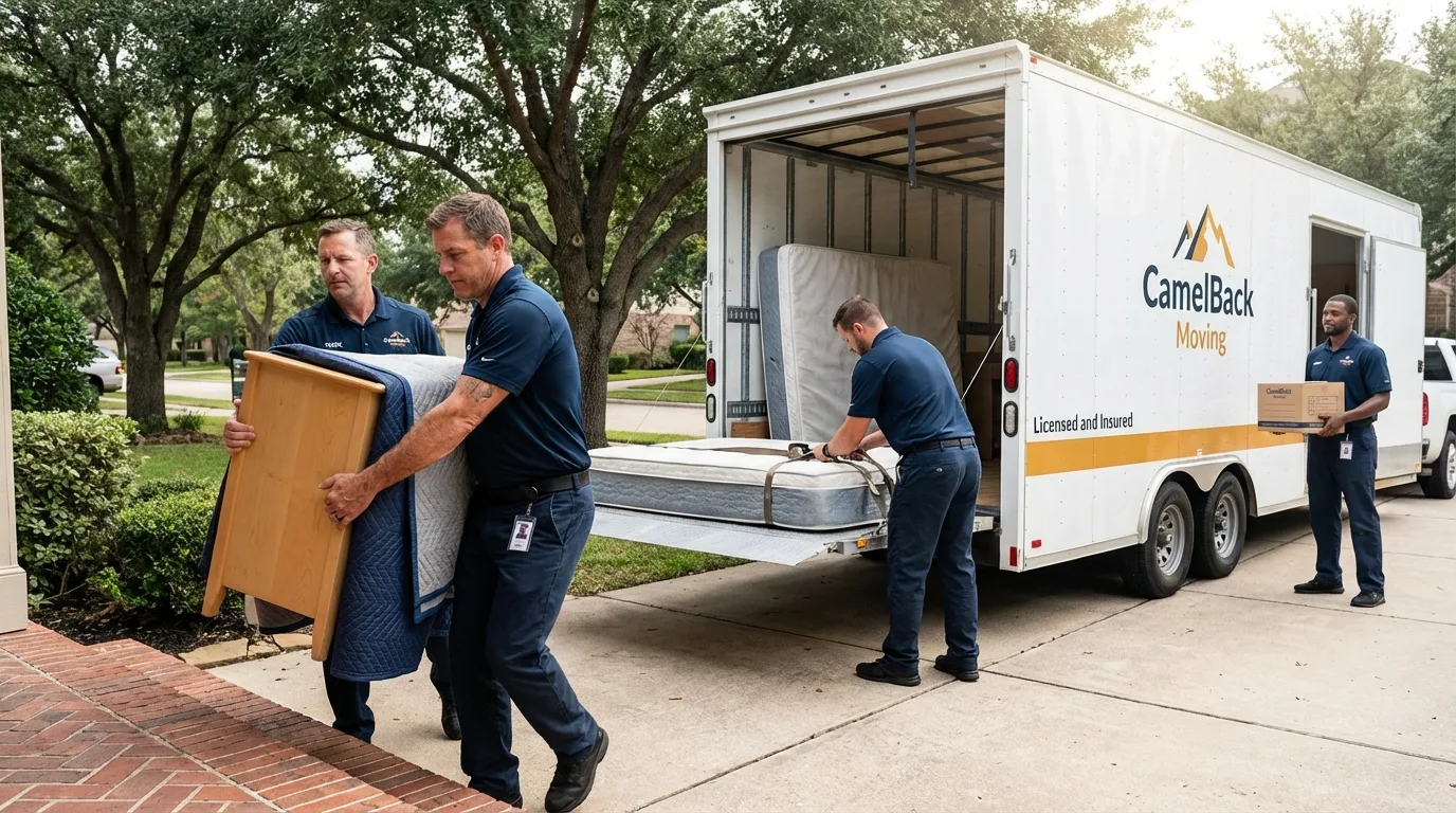 Crew loading residential truck for cross-state move from Deville, LA