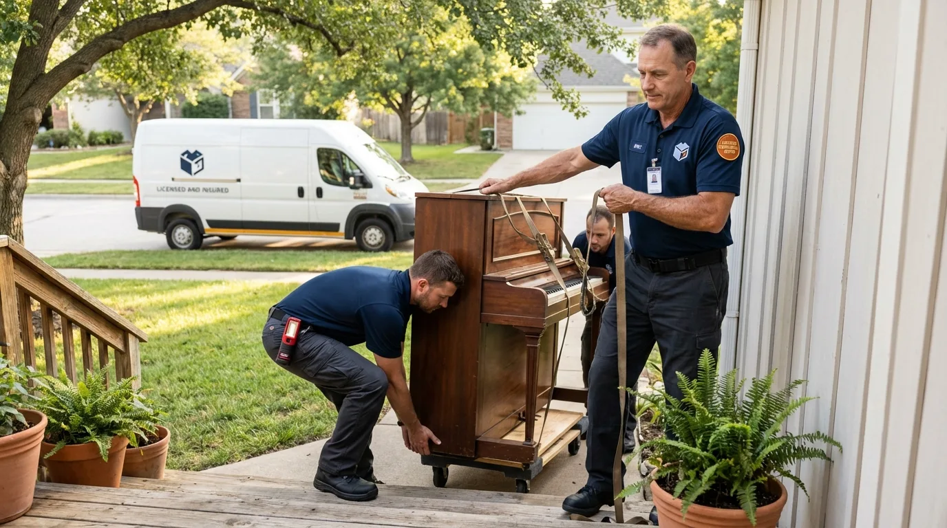 Licensed piano movers securing grand piano in Deville, LA