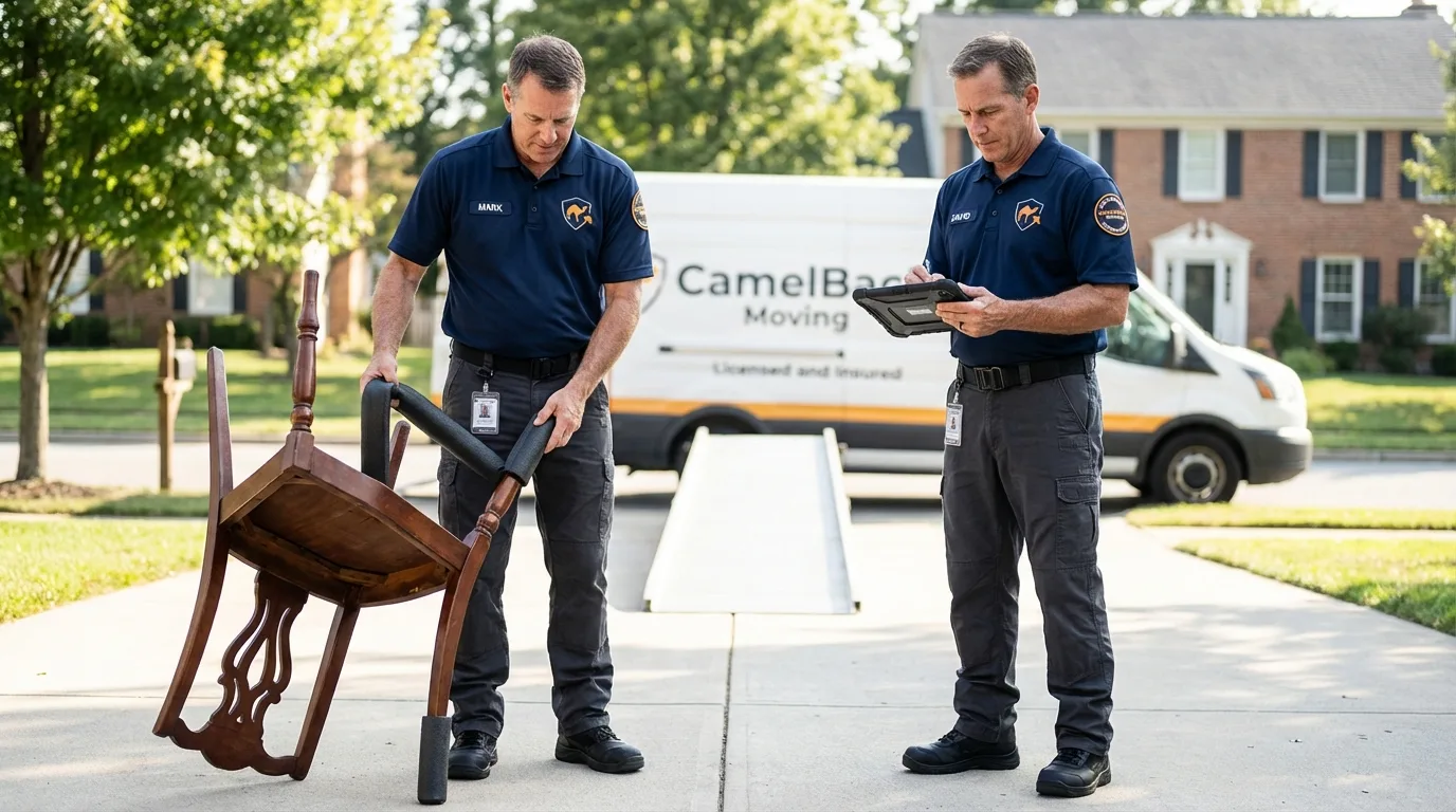 Movers inspecting furniture for damage prevention before loading in Deville, LA