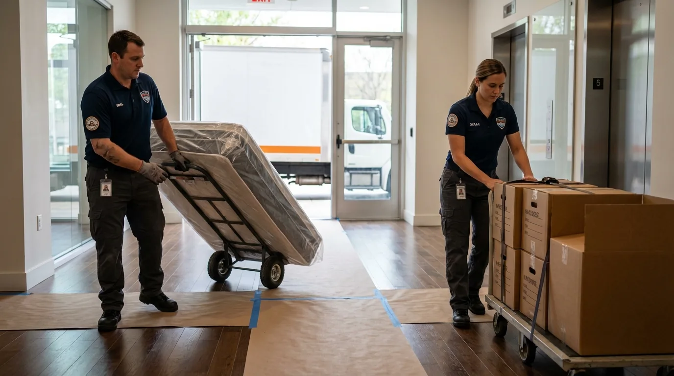 Professional apartment movers loading elevator in Deville, LA