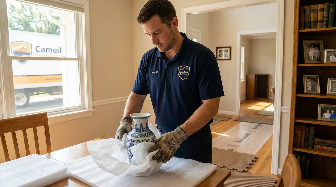 Professional crew carefully wrapping antique vase for senior downsizing move in Deville, LA