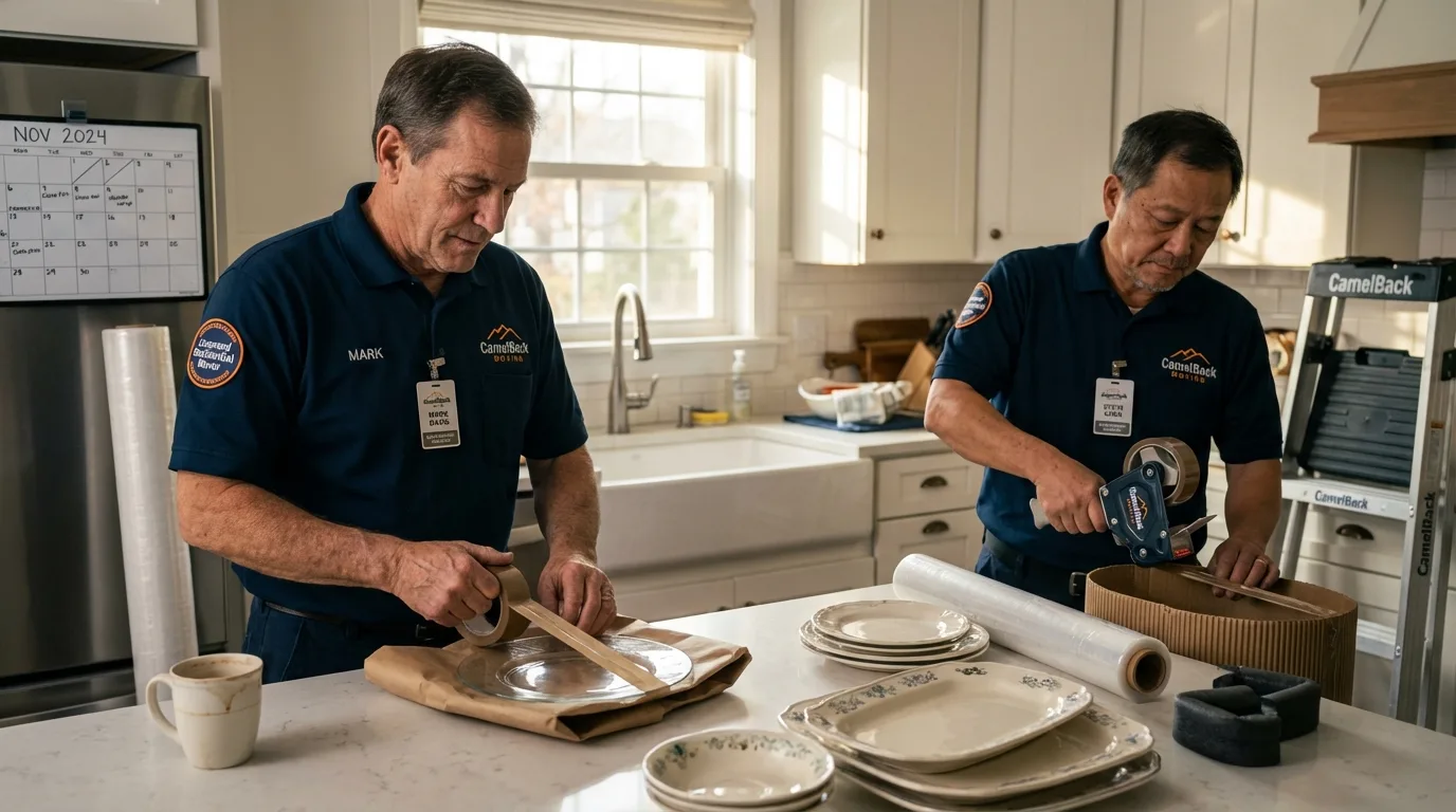 Professional crew packing kitchen dishware in Deville, LA